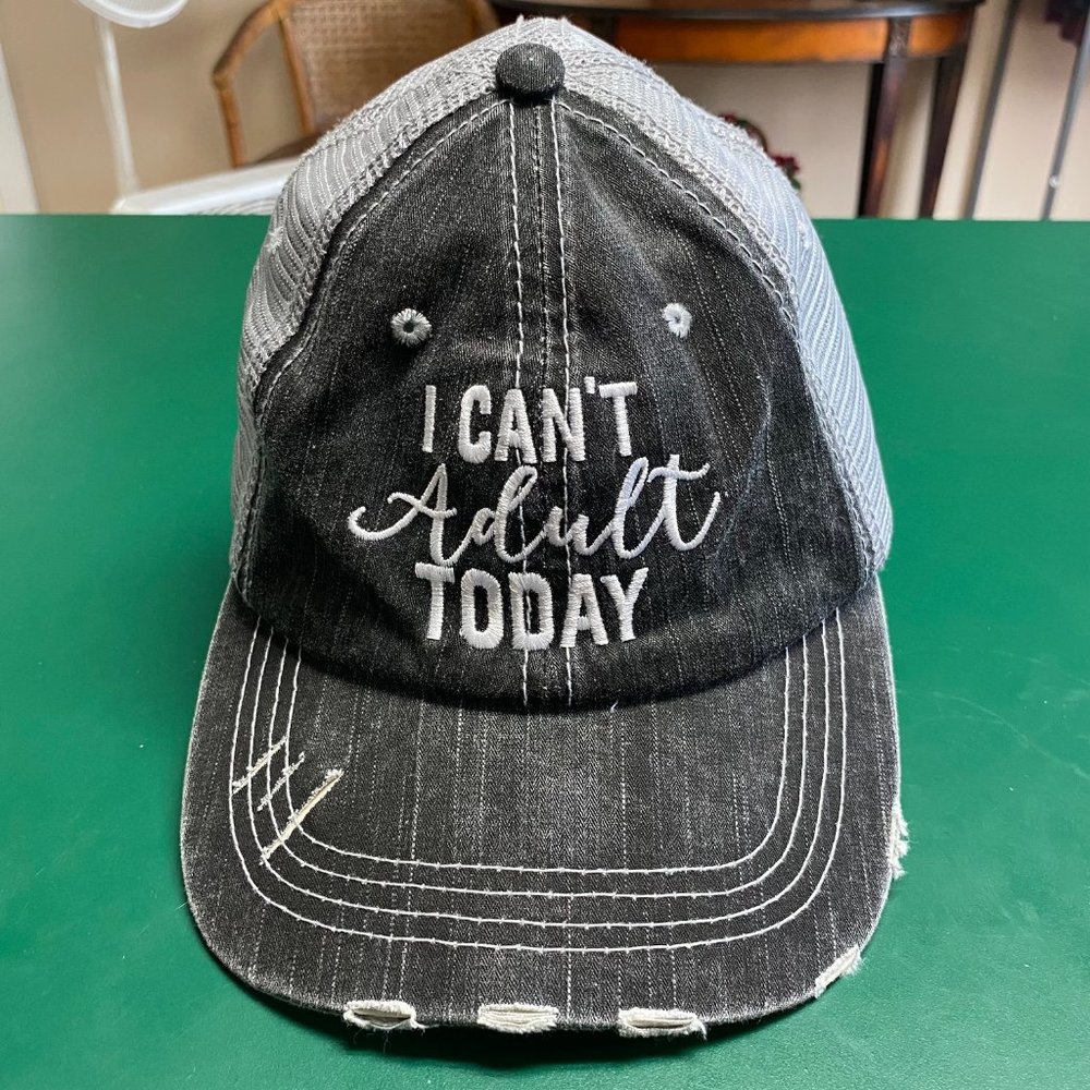 Charcoal Gray Mesh Ball Cap Hat "I Can't Adult Today" with Adjustable Sizing (Ve